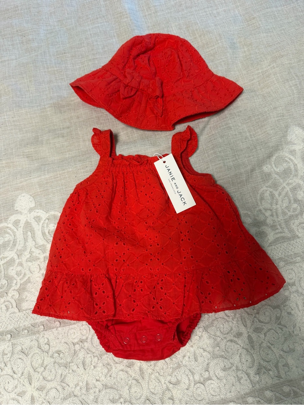 Janie and Jack Red Eyelet Dress & Hat Set